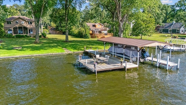 1913 N Woodlawn Park Ave, Mchenry, IL 60051 - dock area with boat lift, a water view, a yard, and view of wooded area