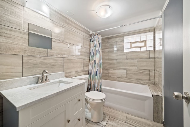 7004 W School St, Chicago, IL 60634 - bathroom featuring vanity, shower / tub combo with curtain, and tile walls