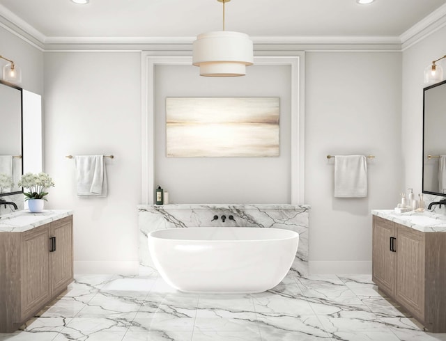 1447 N Dearborn St Unit 3S, Chicago, IL 60610 - bathroom with marble tiled floors, crown molding, two vanities, a freestanding bath, and recessed lighting