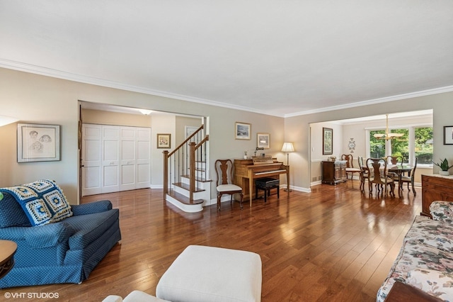 1355 W Kenilworth Ave, Palatine, IL 60067 - living area featuring hardwood / wood-style floors, ornamental molding, and stairs
