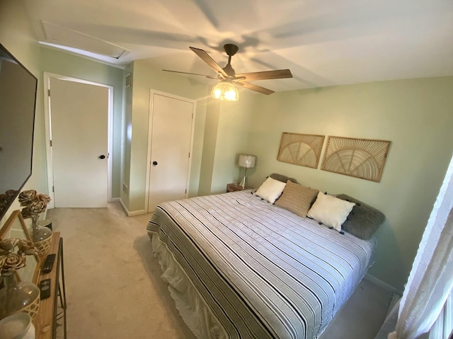 1615 Meadow Ln, Mchenry, IL 60050 - bedroom featuring light carpet, attic access, and a ceiling fan
