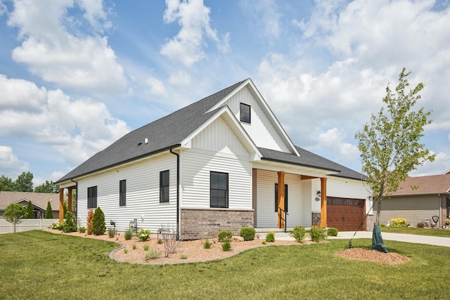 220 S Primrose Dr, Coal City, IL 60416 - modern farmhouse featuring board and batten siding, an attached garage, brick siding, driveway, and roof with shingles