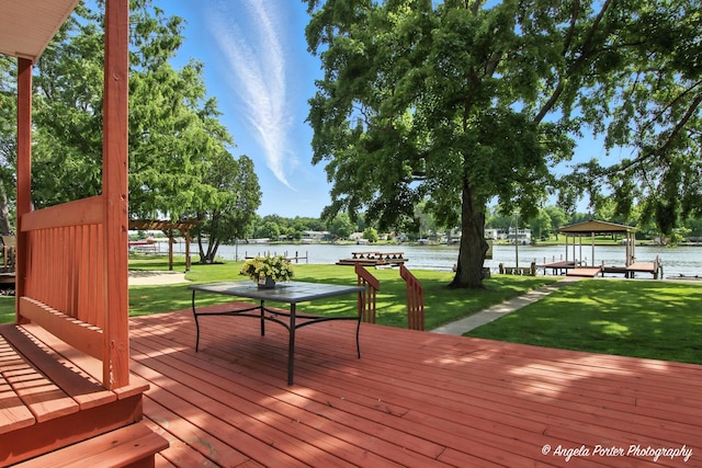 312 Country Club Dr, Mchenry, IL 60050 - wooden terrace featuring a water view, a lawn, a boat dock, and boat lift