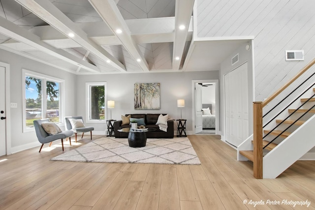312 Country Club Dr, Mchenry, IL 60050 - living room with beam ceiling, light wood finished floors, stairs, coffered ceiling, and recessed lighting