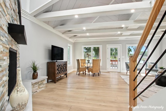 312 Country Club Dr, Mchenry, IL 60050 - living area with stairs, light wood-type flooring, recessed lighting, and a fireplace