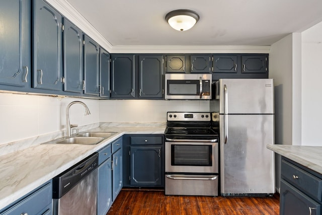 2005 S Finley Rd Unit 1204, Lombard, IL 60148 - kitchen featuring appliances with stainless steel finishes, light countertops, dark wood-style floors, and blue cabinets