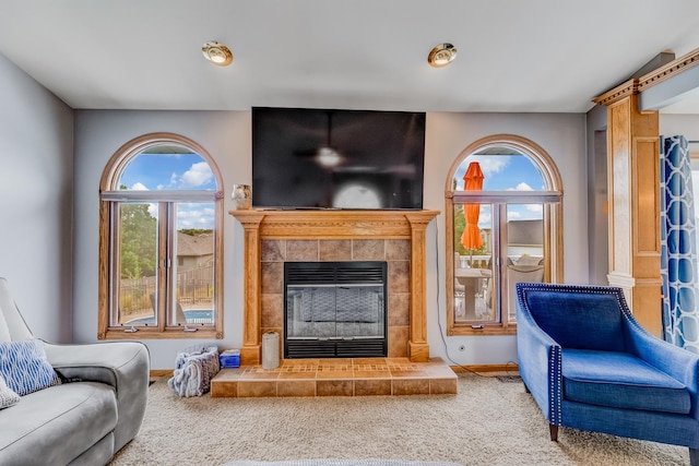 5147 Fairground Ct, Monee, IL 60449 - carpeted living area featuring a tile fireplace and baseboards