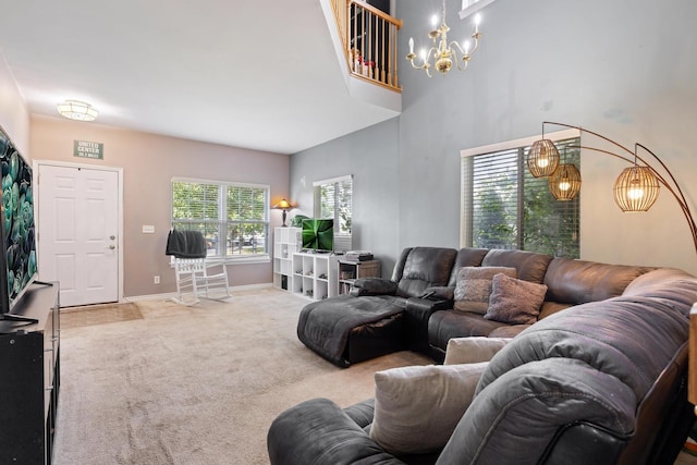 21549 Fulton Ct, Plainfield, IL 60544 - living area featuring carpet, a chandelier, and a high ceiling