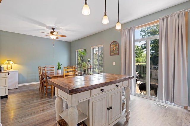 21549 Fulton Ct, Plainfield, IL 60544 - kitchen with butcher block countertops, wood finished floors, ceiling fan, and healthy amount of natural light