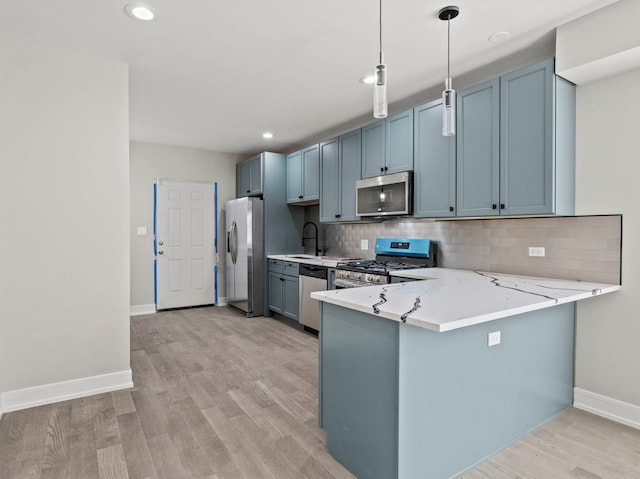 7711 S Ridgeland Ave, Chicago, IL 60649 - kitchen featuring appliances with stainless steel finishes, light wood finished floors, a peninsula, tasteful backsplash, and recessed lighting
