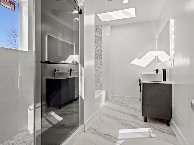 7711 S Ridgeland Ave, Chicago, IL 60649 - full bathroom featuring a skylight, vanity, marble finish floors, bathtub / shower combination, and recessed lighting