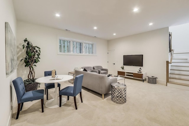 2611 W Carmen Ave, Chicago, IL 60625 - living room featuring light colored carpet, recessed lighting, and stairway