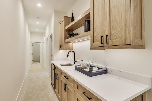 2611 W Carmen Ave, Chicago, IL 60625 - kitchen featuring open shelves, light colored carpet, light countertops, recessed lighting, and beverage cooler