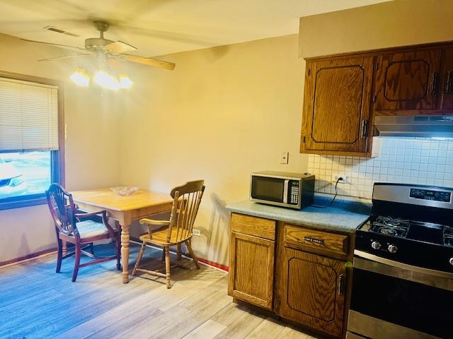 15800 S Laramie Ave Unit Q, Oak Forest, IL 60452 - kitchen featuring stainless steel appliances, under cabinet range hood, a ceiling fan, light wood-type flooring, and decorative backsplash