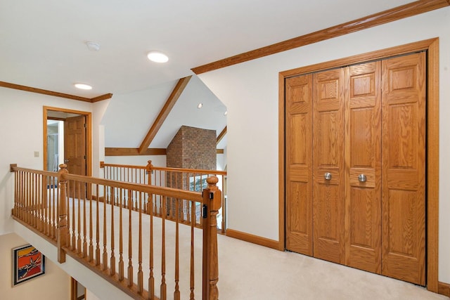 1521 Pendelton Ct, Palatine, IL 60067 - hall featuring light colored carpet, crown molding, an upstairs landing, and recessed lighting