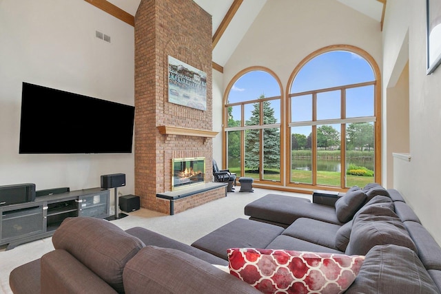 1521 Pendelton Ct, Palatine, IL 60067 - living area featuring high vaulted ceiling, carpet floors, a water view, a fireplace, and beam ceiling