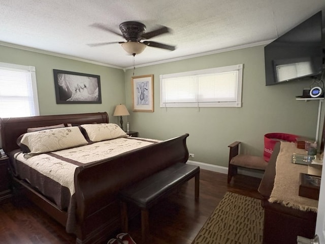 417 Major Dr, Northlake, IL 60164 - bedroom featuring multiple windows, dark wood finished floors, crown molding, ceiling fan, and a textured ceiling