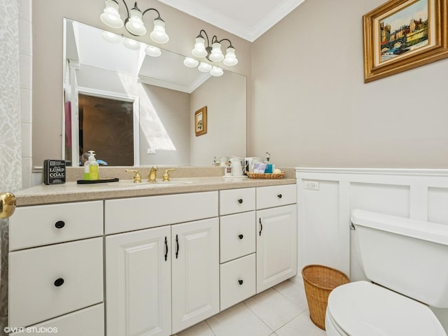 68 E Garden Ave, Palatine, IL 60067 - bathroom with crown molding, vanity, tile patterned flooring, a wainscoted wall, and a decorative wall
