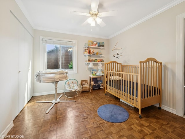 68 E Garden Ave, Palatine, IL 60067 - bedroom with ornamental molding, a nursery area, and a ceiling fan