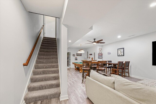 204 Campbell St, Tolono, IL 61880 - stairs featuring wood finished floors, recessed lighting, and a ceiling fan