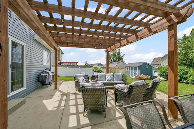 204 Campbell St, Tolono, IL 61880 - fenced backyard with area for grilling, a storage shed, outdoor lounge area, a patio area, and a pergola