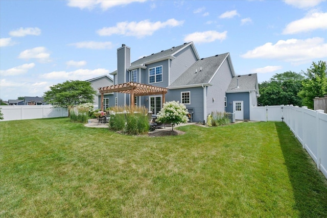 204 Campbell St, Tolono, IL 61880 - rear view of house featuring a pergola, a patio area, a fenced backyard, and a chimney