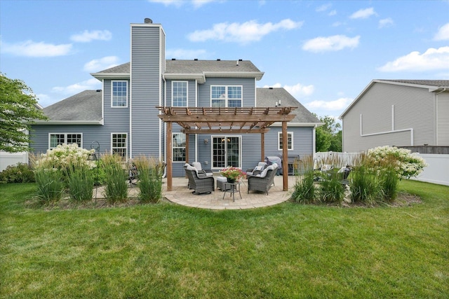 204 Campbell St, Tolono, IL 61880 - rear view of property with a pergola, a chimney, a patio area, a shingled roof, and an outdoor living space