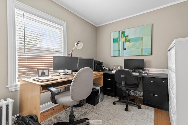 5128 W Carmen Ave, Chicago, IL 60630 - office featuring radiator heating unit, light wood-type flooring, crown molding, and healthy amount of natural light