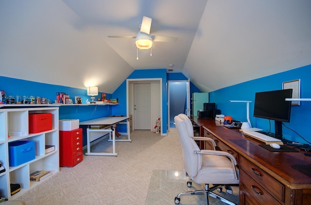332 Stonemill Ln, Oswego, IL 60543 - office with light colored carpet, vaulted ceiling, and a ceiling fan