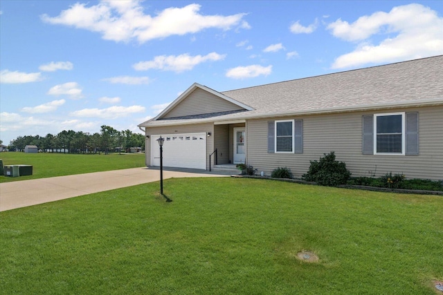 209A Evergreen St, Gifford, IL 61847 - ranch-style home featuring concrete driveway, a garage, a front yard, and a shingled roof