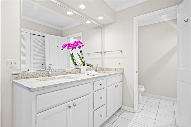 912 Morningside Dr, Lake Forest, IL 60045 - full bathroom with double vanity, crown molding, recessed lighting, and tile patterned flooring