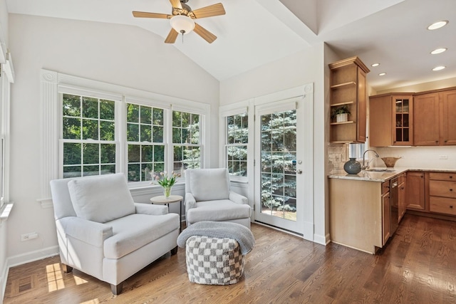 590 Oxford Ln, Lindenhurst, IL 60046 - living area with ceiling fan, vaulted ceiling, recessed lighting, and dark wood-type flooring