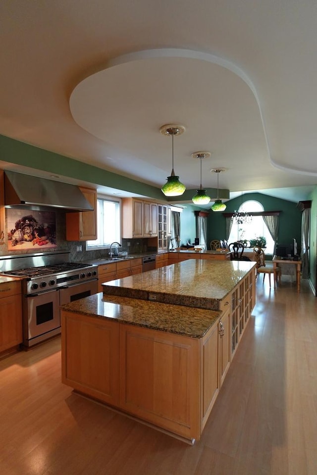 3533 N Natoma Ave, Chicago, IL 60634 - kitchen featuring range hood, appliances with stainless steel finishes, a center island, decorative backsplash, and light wood finished floors