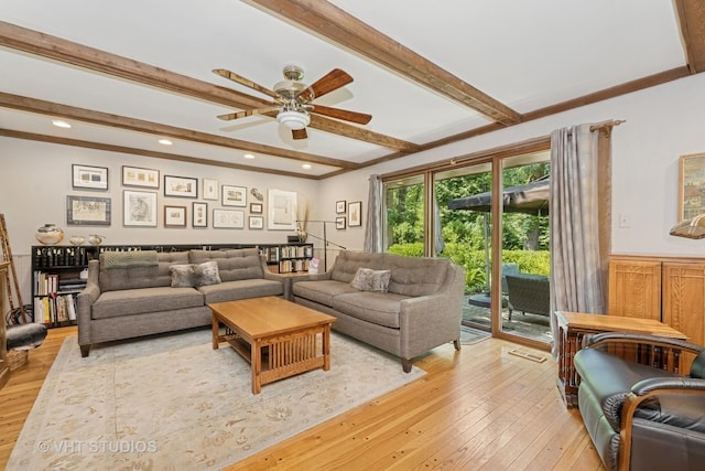 20830 W Exeter Rd, Kildeer, IL 60047 - living area with beamed ceiling, light wood-style flooring, a ceiling fan, recessed lighting, and a wainscoted wall