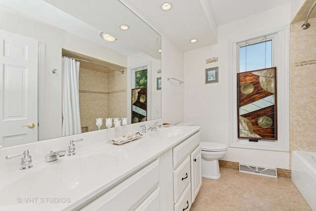 20830 W Exeter Rd, Kildeer, IL 60047 - bathroom with double vanity, a shower with shower curtain, a bathtub, plenty of natural light, and recessed lighting