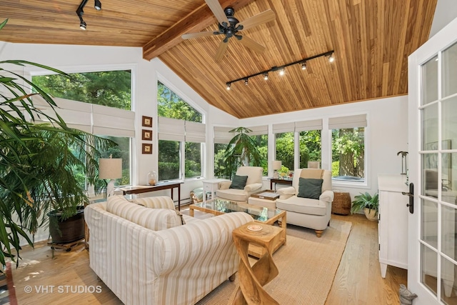 20830 W Exeter Rd, Kildeer, IL 60047 - sunroom / solarium featuring track lighting, wooden ceiling, wood finished floors, high vaulted ceiling, and a baseboard radiator