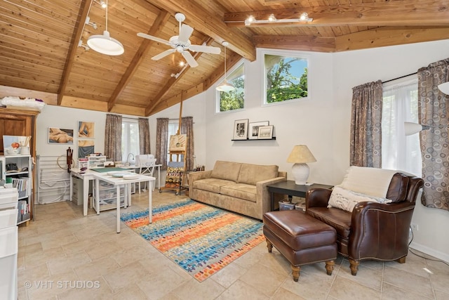 20830 W Exeter Rd, Kildeer, IL 60047 - living area featuring a wood ceiling with exposed beams, a ceiling fan, and high vaulted ceiling