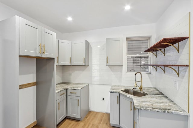 5048 W Superior St, Chicago, IL 60644 - kitchen featuring open shelves, gray cabinets, decorative backsplash, light wood-style flooring, and recessed lighting