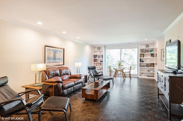 90 E Franklin Pl Unit 106, Lake Forest, IL 60045 - living room featuring crown molding, recessed lighting, and built in features