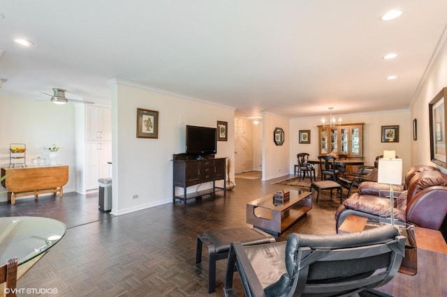 90 E Franklin Pl Unit 106, Lake Forest, IL 60045 - living room featuring a chandelier, crown molding, recessed lighting, and a ceiling fan