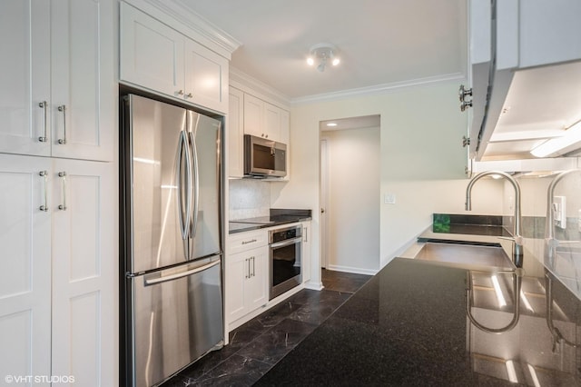 90 E Franklin Pl Unit 106, Lake Forest, IL 60045 - kitchen with stainless steel appliances, crown molding, dark marble finish flooring, backsplash, and white cabinets