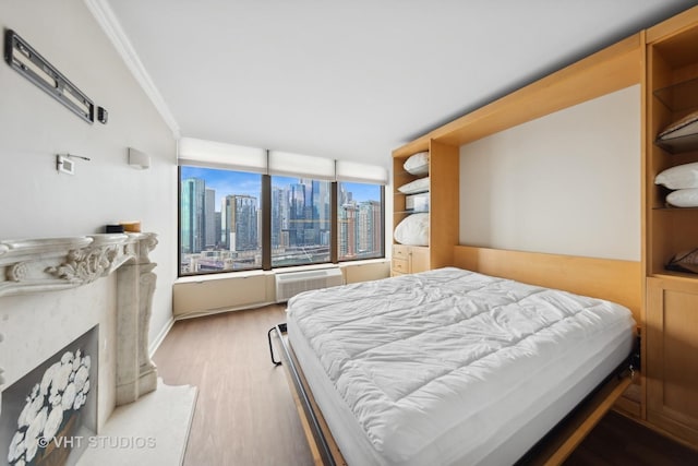 505 N Lake Shore Dr Unit 2110-11, Chicago, IL 60611 - bedroom featuring a skyline view, wood finished floors, crown molding, and an AC wall unit