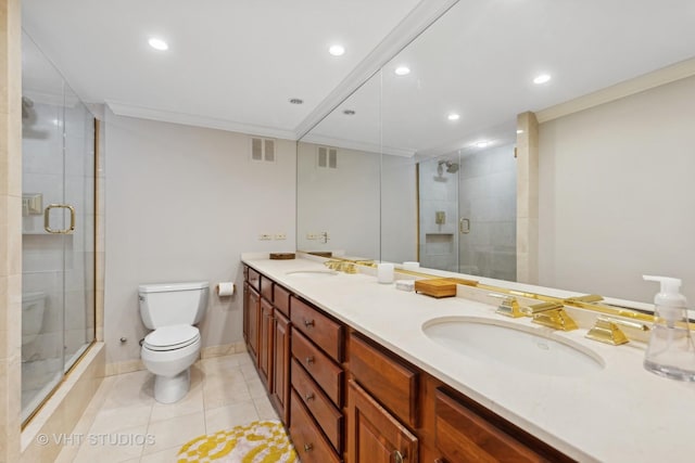 505 N Lake Shore Dr Unit 2110-11, Chicago, IL 60611 - full bathroom with tiled shower, double vanity, recessed lighting, tile patterned floors, and ornamental molding