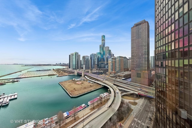 505 N Lake Shore Dr Unit 2110-11, Chicago, IL 60611 - drone / aerial view of city skyline, a large body of water, and a notable bridge