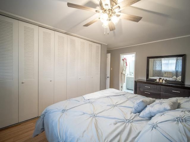 10109 S Cicero Ave Unit 302, Oak Lawn, IL 60453 - bedroom with wood finished floors, ensuite bathroom, ceiling fan, crown molding, and a closet