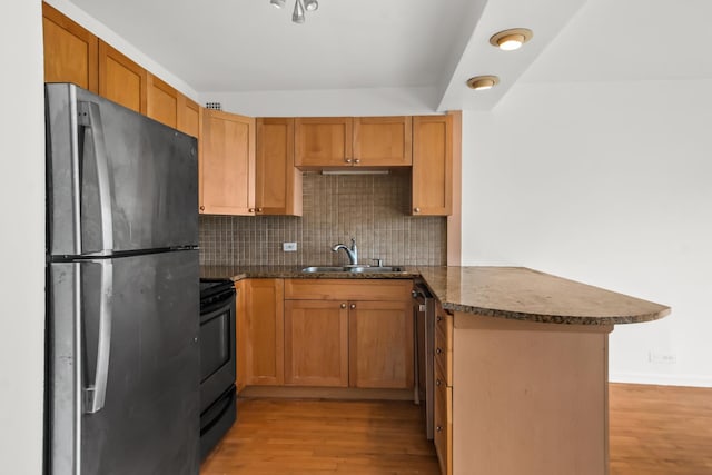1360 N Sandburg Ter Unit 703C, Chicago, IL 60610 - kitchen featuring freestanding refrigerator, black / electric stove, a peninsula, and light wood-type flooring