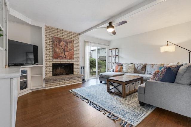 1669 W Bayside Ct, Hoffman Estates, IL 60192 - living room featuring ceiling fan, wood finished floors, and a brick fireplace
