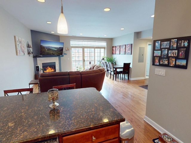 4968 N Milwaukee Ave Unit 2W, Chicago, IL 60630 - living area featuring a glass covered fireplace, wood finished floors, electric panel, and recessed lighting