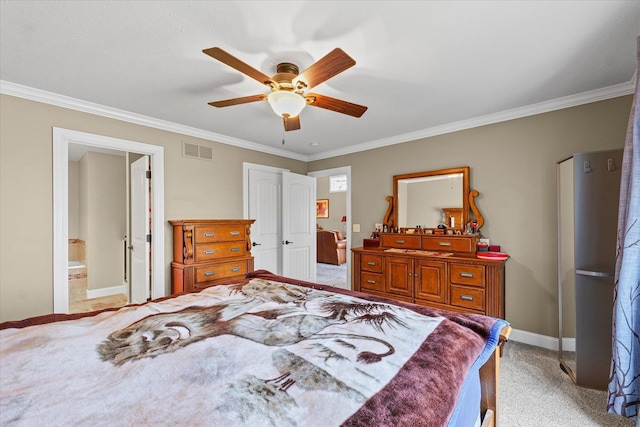 4537 Nicklaus Dr, Champaign, IL 61822 - bedroom with light carpet, ornamental molding, a ceiling fan, and ensuite bathroom