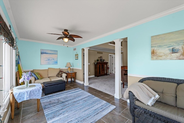 4537 Nicklaus Dr, Champaign, IL 61822 - living room with ornate columns, a ceiling fan, ornamental molding, and dark tile patterned flooring